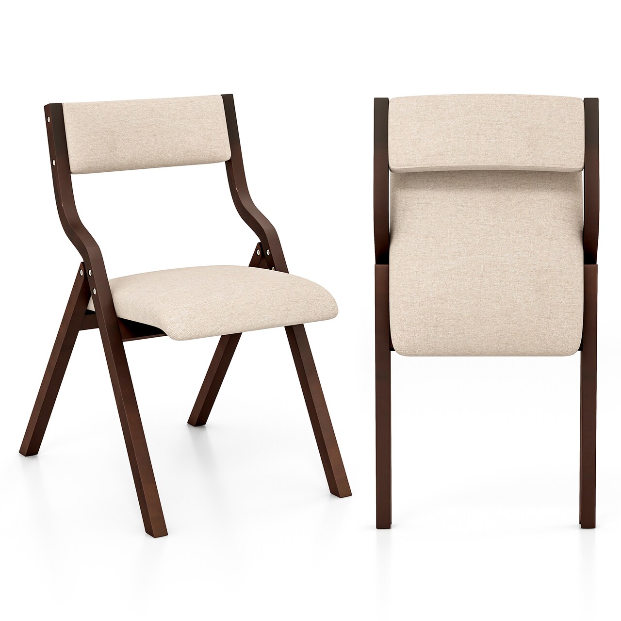 Set of 2 Linen Foldable Dining Chair Wooden Frame Padded Seat